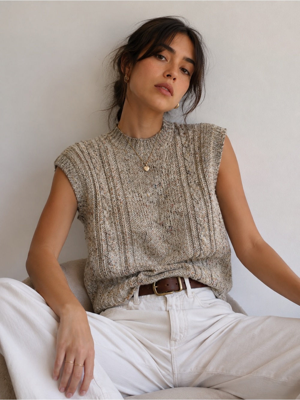 Heather & Tweed Speckled Cable Knit Sweater Vest M Fisherman WoolBlend Academia